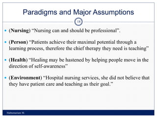 Paradigms and Major Assumptions
Habtemariam M.
18
 (Nursing) “Nursing can and should be professional”.
 (Person) “Patients achieve their maximal potential through a
learning process, therefore the chief therapy they need is teaching”
 (Health) “Healing may be hastened by helping people move in the
direction of self-awareness”
 (Environment) “Hospital nursing services, she did not believe that
they have patient care and teaching as their goal.”
 