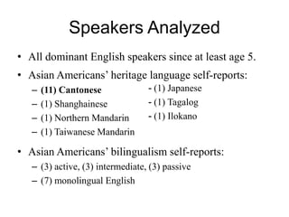 Speakers Analyzed<br />All dominant English speakers since at least age 5.<br />Asian Americans’ heritage language self-re...