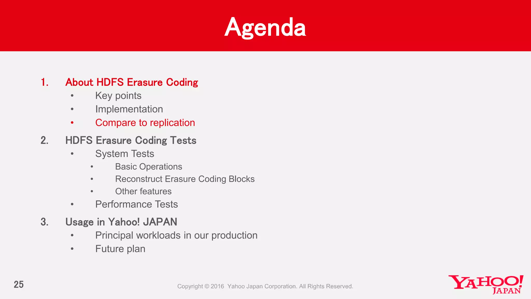 Agenda
25
1. About HDFS Erasure Coding
• Key points
• Implementation
• Compare to replication
2. HDFS Erasure Coding Tests
• System Tests
• Basic Operations
• Reconstruct Erasure Coding Blocks
• Other features
• Performance Tests
3. Usage in Yahoo! JAPAN
• Principal workloads in our production
• Future plan
 