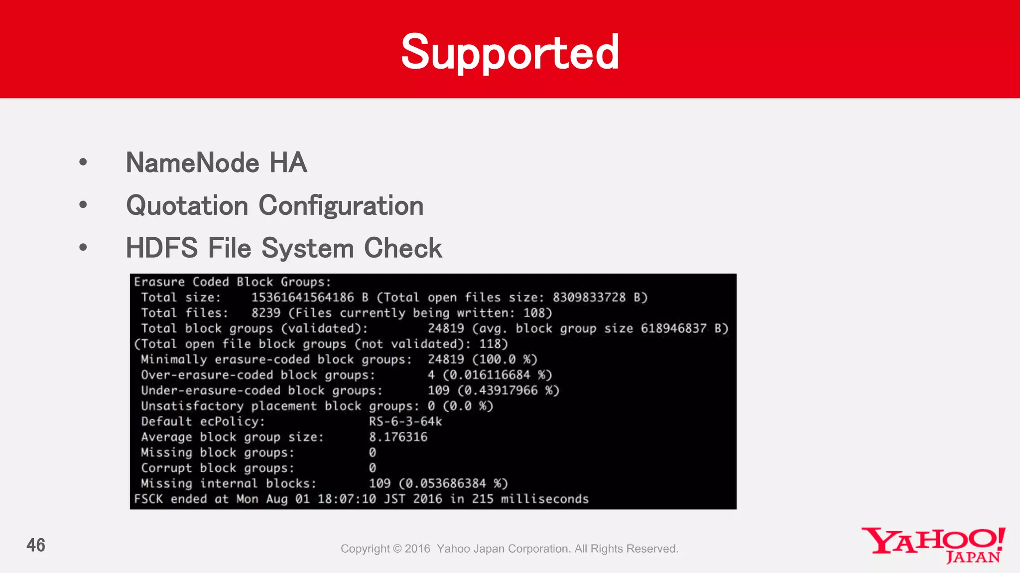 Supported
• NameNode HA
• Quotation Configuration
• HDFS File System Check
46
 