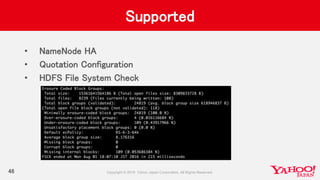 Supported
• NameNode HA
• Quotation Configuration
• HDFS File System Check
46
 