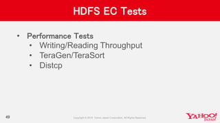 HDFS EC Tests
• Performance Tests
• Writing/Reading Throughput
• TeraGen/TeraSort
• Distcp
49
 