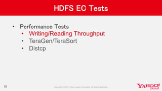 HDFS EC Tests
• Performance Tests
• Writing/Reading Throughput
• TeraGen/TeraSort
• Distcp
51
 