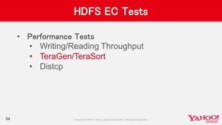 HDFS EC Tests
• Performance Tests
• Writing/Reading Throughput
• TeraGen/TeraSort
• Distcp
54
 