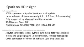Spark on HDInsight
Fully Managed Service
100% open source Apache Spark and Hadoop bits
Latest releases of Spark (currently 1.6.1, 1.6.2 and 2.0 are coming)
Fully supported by Microsoft and Hortonworks
99.9% Azure Cloud SLA
Certifications: PCI, ISO 27018, SOC, HIPAA, EU-MC
Optimized for data exploration, experimentation and development
Jupyter Notebooks (scala, python, automatic data visualizations)
IntelliJ and Eclipse plugins (job submission, remote debugging)
ODBC connector for Power BI, Tableau, Qlik, SAP, Excel, etc
 