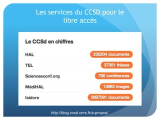 Les	
  services	
  du	
  CCSD	
  pour	
  le	
  	
  
libre	
  accès	
  
http://blog.ccsd.cnrs.fr/a-propos/
 