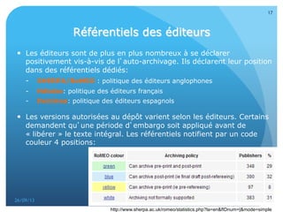•  Les éditeurs sont de plus en plus nombreux à se déclarer
positivement vis-à-vis de l’auto-archivage. Ils déclarent leur position
dans des référentiels dédiés:
-  SHERPA/RoMEO : politique des éditeurs anglophones
-  Héloïse: politique des éditeurs français
-  Dulcinea: politique des éditeurs espagnols
•  Les versions autorisées au dépôt varient selon les éditeurs. Certains
demandent qu’une période d’embargo soit appliqué avant de
« libérer » le texte intégral. Les référentiels notifient par un code
couleur 4 positions:
27/09/13 17
http://www.sherpa.ac.uk/romeo/statistics.php?la=en&fIDnum=|&mode=simple
 