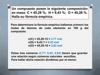 Un compuesto posee la siguiente composición
en masa: C = 45,28 %; H = 9,43 %; O = 45,28 %.
Halla su fórmula empírica.

Para determinara la fórmula empírica hallamos primero los
moles de átomos de cada elemento en 100 g del
compuesto.

            n(C) = 45,28:12 = 3,77 mol
            n(H) = 9,43:1 = 9,43 mol
            n(O) = 45,28:16 = 2,83 mol

Estos tres números (3,77; 9,43; 2,83) tienen que guardar
una relación según números naturales sencillos.
Para hallar dicha relación dividimos por el menor.
 