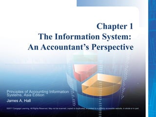 ©2011 Cengage Learning. All Rights Reserved. May not be scanned, copied or duplicated, or posted to a publicly accessible website, in whole or in part.
Principles of Accounting Information
Systems, Asia Edition
James A. Hall
Chapter 1
The Information System:
An Accountant’s Perspective
 