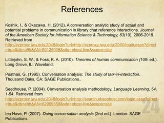 References
Koshik, I., & Okazawa, H. (2012). A conversation analytic study of actual and
potential problems in communication in library chat reference interactions. Journal
of the American Society for Information Science & Technology, 63(10), 2006-2019.
Retrieved from
http://ezproxy.twu.edu:2048/login?url=http://ezproxy.twu.edu:2060/login.aspx?direct
=true&db=a9h&AN=80125936&site=ehost-live&scope=site
Littlejohn, S. W., & Foss, K. A. (2010). Theories of human communication (10th ed.).
Long Grove, IL: Waveland.
Psathas, G. (1995). Conversation analysis: The study of talk-in-interaction.
Thousand Oaks, CA: SAGE Publications..
Seedhouse, P. (2004). Conversation analysis methodology. Language Learning, 54,
1-54. Retrieved from
http://ezproxy.twu.edu:2048/login?url=http://search.ebscohost.com/login.aspx?direct
=true&db=ehh&AN=62959559&site=ehost-live&scope=site
ten Have, P. (2007). Doing conversation analysis (2nd ed.). London: SAGE
Publications.
 