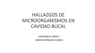 HALLAZGOS DE
MICROORGANISMOS EN
CAVIDAD BUCAL
CHRISTIAN N. LÓPEZ T.
MÉDICO PATÓLOGO CLÍNICO
 