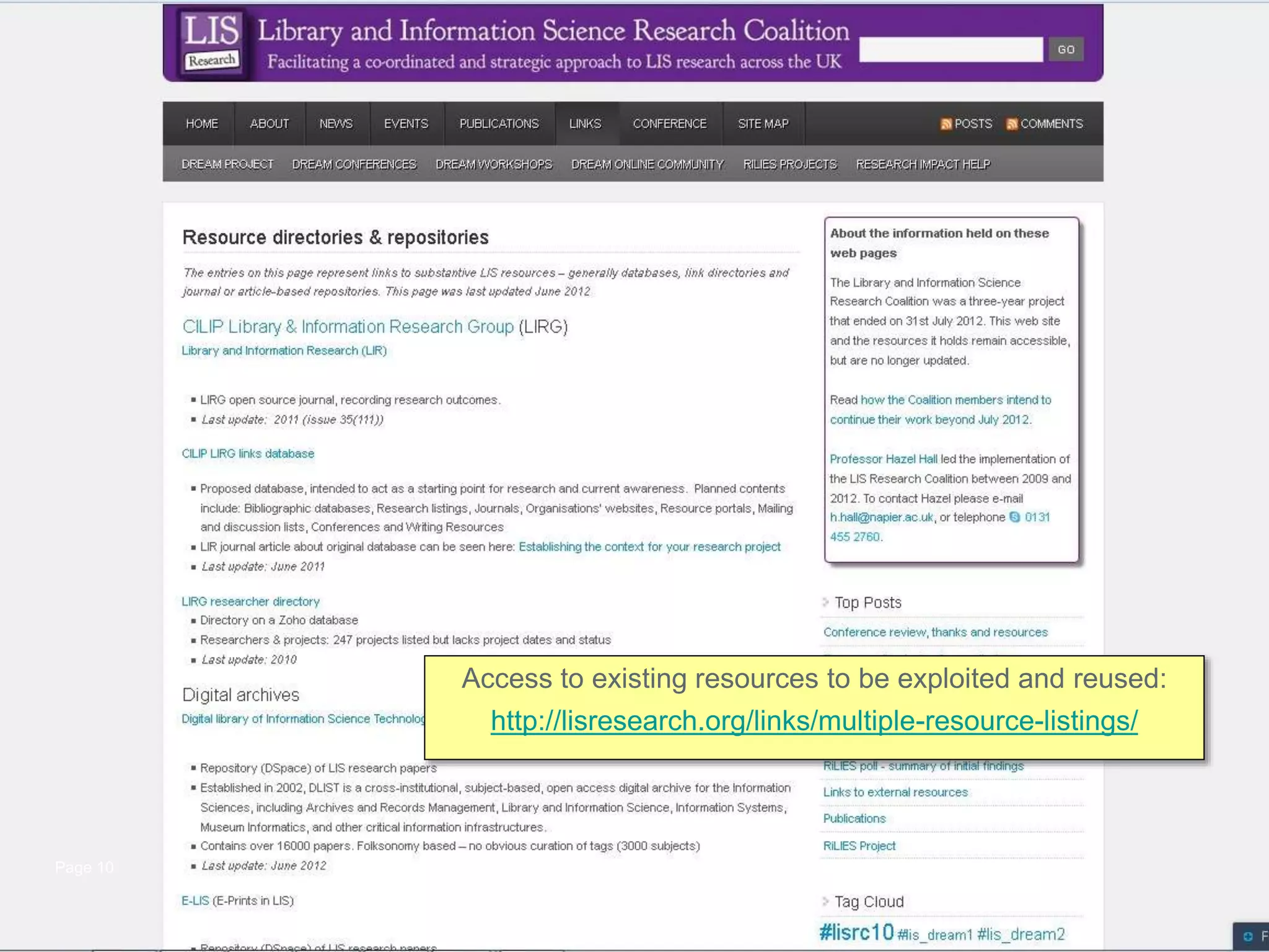 www.napier.ac.uk/iidi
Page 10
Access to existing resources to be exploited and reused:
http://lisresearch.org/links/multiple-resource-listings/
 