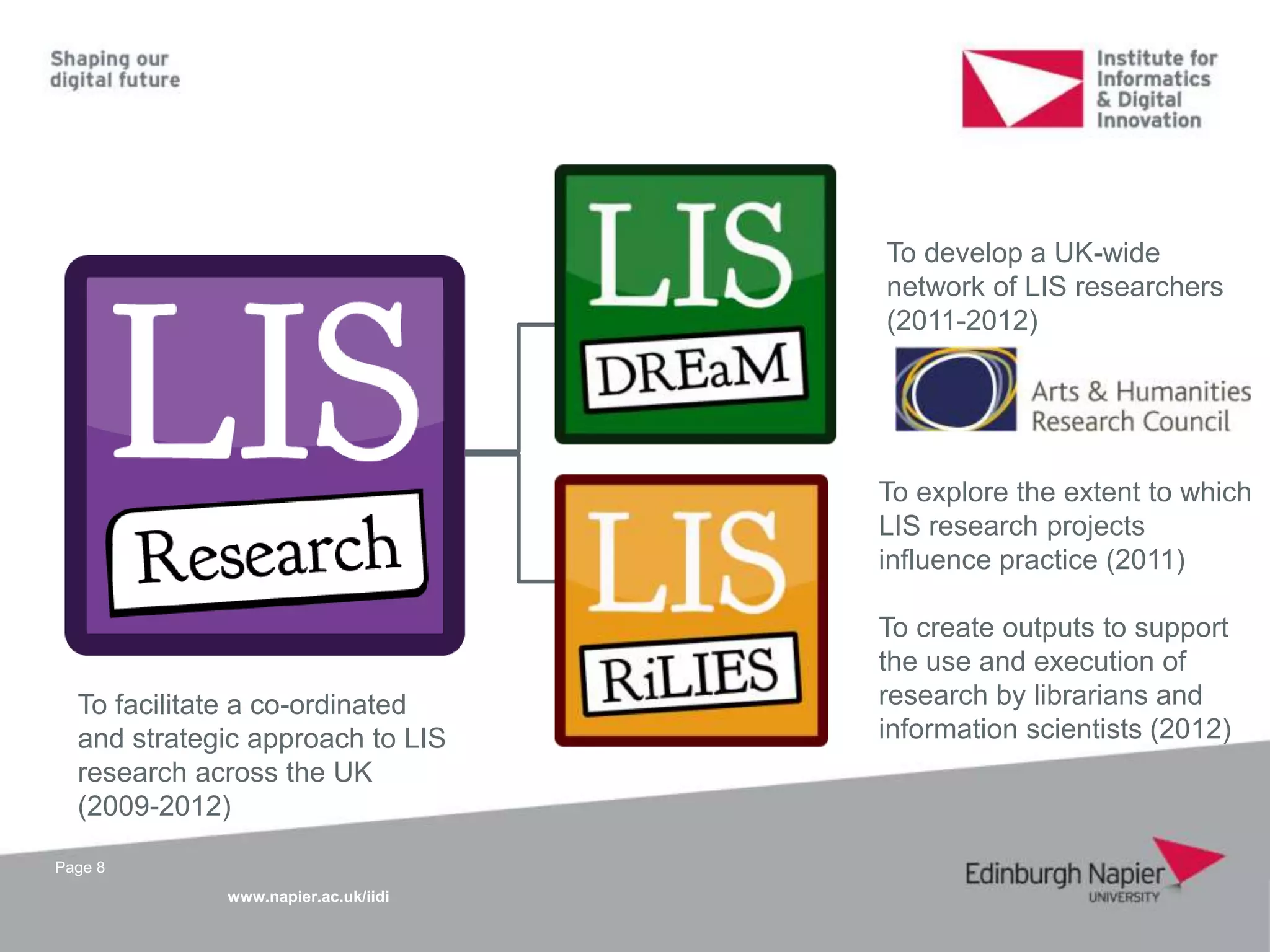www.napier.ac.uk/iidi
Page 8
To facilitate a co-ordinated
and strategic approach to LIS
research across the UK
(2009-2012)
To explore the extent to which
LIS research projects
influence practice (2011)
To create outputs to support
the use and execution of
research by librarians and
information scientists (2012)
To develop a UK-wide
network of LIS researchers
(2011-2012)
 