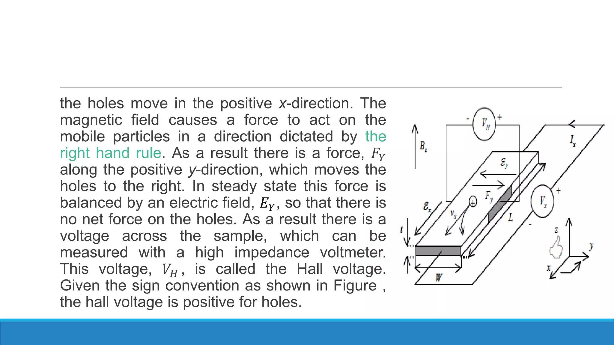 the holes move in the positive x-direction. The
magnetic field causes a force to act on the
mobile particles in a direction dictated by the
right hand rule. As a result there is a force, 𝐹𝑌
along the positive y-direction, which moves the
holes to the right. In steady state this force is
balanced by an electric field, 𝐸 𝑌, so that there is
no net force on the holes. As a result there is a
voltage across the sample, which can be
measured with a high impedance voltmeter.
This voltage, 𝑉𝐻 , is called the Hall voltage.
Given the sign convention as shown in Figure ,
the hall voltage is positive for holes.
 