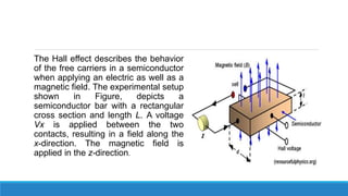 The Hall effect describes the behavior
of the free carriers in a semiconductor
when applying an electric as well as a
magnetic field. The experimental setup
shown in Figure, depicts a
semiconductor bar with a rectangular
cross section and length L. A voltage
Vx is applied between the two
contacts, resulting in a field along the
x-direction. The magnetic field is
applied in the z-direction.
 