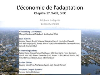 L’économie de l’adaptation
Chapitre 17, WGII, GIEC
Stéphane Hallegatte
Banque Mondiale
 