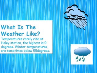 Temperatures rarely rise at
Haley station, the highest is 0
degrees. Winter temperatures
are sometimes below 55degrees.
 