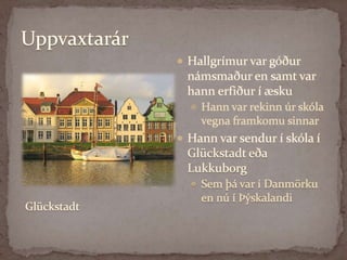 UppvaxtarárHallgrímur var góður námsmaður en samt var hann erfiður í æskuHann var rekinn úr skóla vegna framkomu sinnarHann var sendur í skóla í Glückstadt eða LukkuborgSem þá var í Danmörku en nú í ÞýskalandiGlückstadt