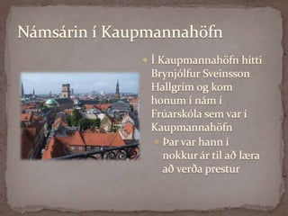 Námsárin í KaupmannahöfnÍ Kaupmannahöfn hitti Brynjólfur Sveinsson Hallgrím og kom honum í nám í Frúarskóla sem var í KaupmannahöfnÞar var hann í nokkur ár til að læra að verða prestur