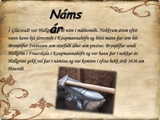 NámsárÍ Glücstadt var Hallgrími Við nám í málmsmíði. Nokkrum árum eftir vann hann hjá járnsmiði í Kaupmannahöfn og hitti mann þar sem hét Brynjólfur Sveinsson sem starfaði áður sem prestur. Brynjólfur sendi Hallgrím í Frúarskóla í Kaupmannahöfn og var hann þar í nokkur ár. Hallgrími gekk vel þar í náminu og var kominn í efsta bekk árið 1636 um Haustið.