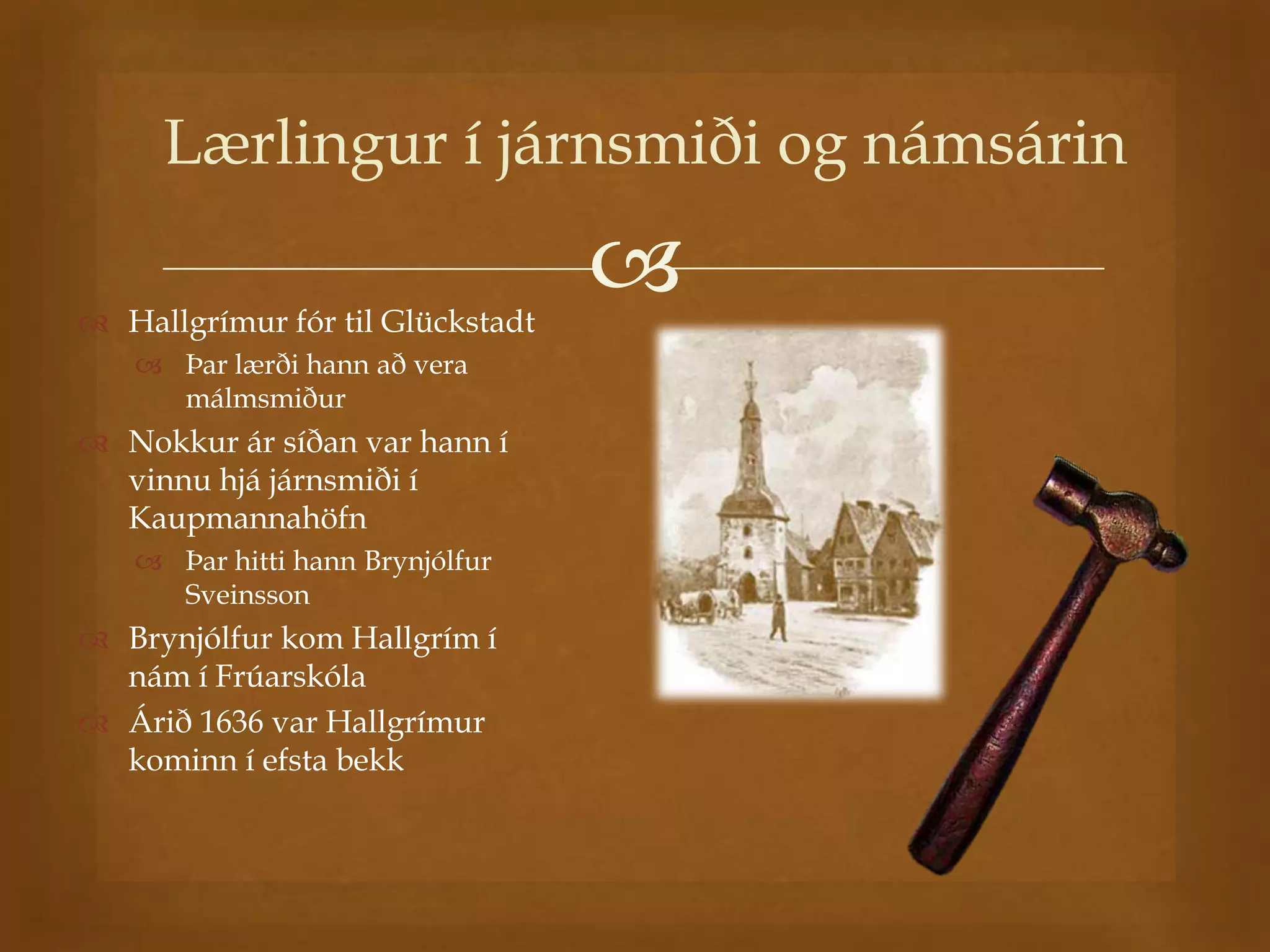Lærlingur í járnsmiði og námsárin

 Hallgrímur fór til Glückstadt
                                  
    Þar lærði hann að vera
     málmsmiður
 Nokkur ár síðan var hann í
  vinnu hjá járnsmiði í
  Kaupmannahöfn
    Þar hitti hann Brynjólfur
     Sveinsson
 Brynjólfur kom Hallgrím í
  nám í Frúarskóla
 Árið 1636 var Hallgrímur
  kominn í efsta bekk
 