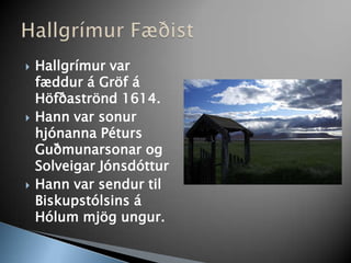 Hallgrímur var fæddur á Gröf á Höfðaströnd 1614. Hann var sonur hjónanna Péturs Guðmunarsonar og Solveigar JónsdótturHann var sendur til Biskupstólsins á Hólum mjög ungur. Hallgrímur Fæðist