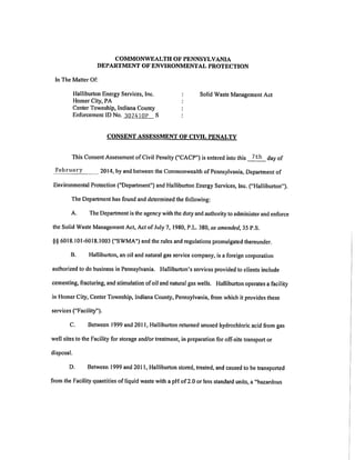 Consent Order from PA DEP Signed by Halliburton Admitting Guilt over HCl Storage/Treatment