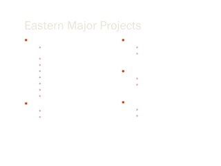 Eastern Major Projects Russia Multiservice contract in Tyumen region Services: drilling fluids waste management cementing drill bits directional drilling logging-while-drilling  India Services: deepwater sand control completion technology in 2 offshore fields  Malaysia Services: completion products and service to a group of energy companies for next  5 yrs China Services: sand control completions for 200+ wells in China over next 5 yrs  Indonesia Services: completion products and services  