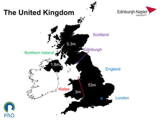 The United Kingdom
Scotland
Wales
England
Northern Ireland
53m
5.3m
3m
1.8m
Edinburgh
London
 