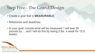 Step Five - The Grand Design
• Create a goal that is MEASURABLE.
• Milestones and deadlines...
• In your goal, include what will be measured: I will lose 25
pounds by…..and I will do this by losing 2 lbs. a week for 12.5
weeks.
 
