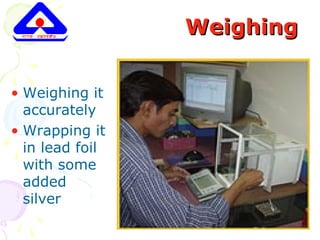 WeighingWeighing
• Weighing it
accurately
• Wrapping it
in lead foil
with some
added
silver
 