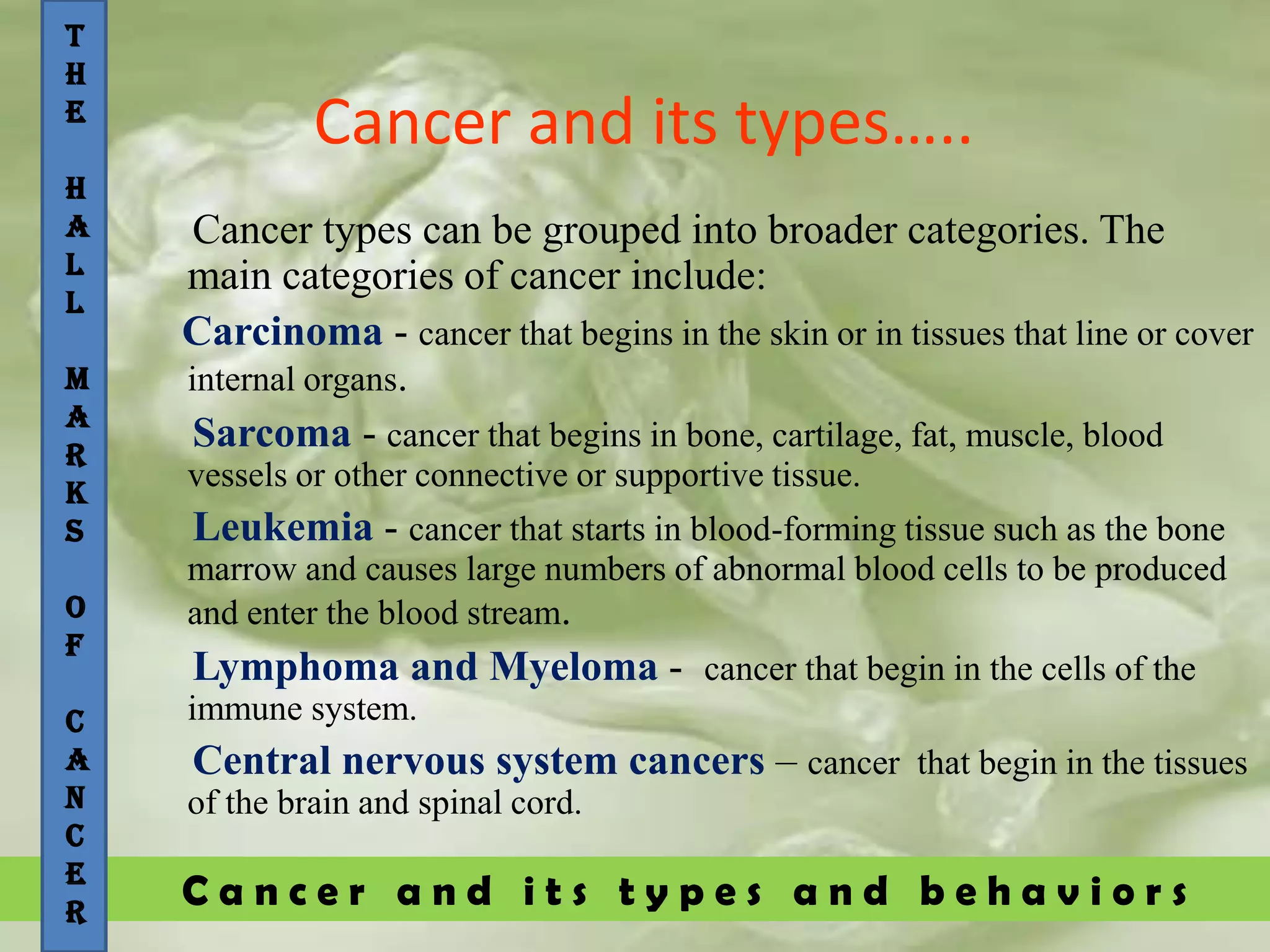 C a n c e r a n d i t s t y p e s a n d b e h a v i o r s
Cancer and its types…..
Cancer types can be grouped into broader categories. The
main categories of cancer include:
Carcinoma - cancer that begins in the skin or in tissues that line or cover
internal organs.
Sarcoma - cancer that begins in bone, cartilage, fat, muscle, blood
vessels or other connective or supportive tissue.
Leukemia - cancer that starts in blood-forming tissue such as the bone
marrow and causes large numbers of abnormal blood cells to be produced
and enter the blood stream.
Lymphoma and Myeloma - cancer that begin in the cells of the
immune system.
Central nervous system cancers – cancer that begin in the tissues
of the brain and spinal cord.
T
H
E
H
A
L
L
M
A
R
K
S
O
F
C
A
N
C
E
R
 