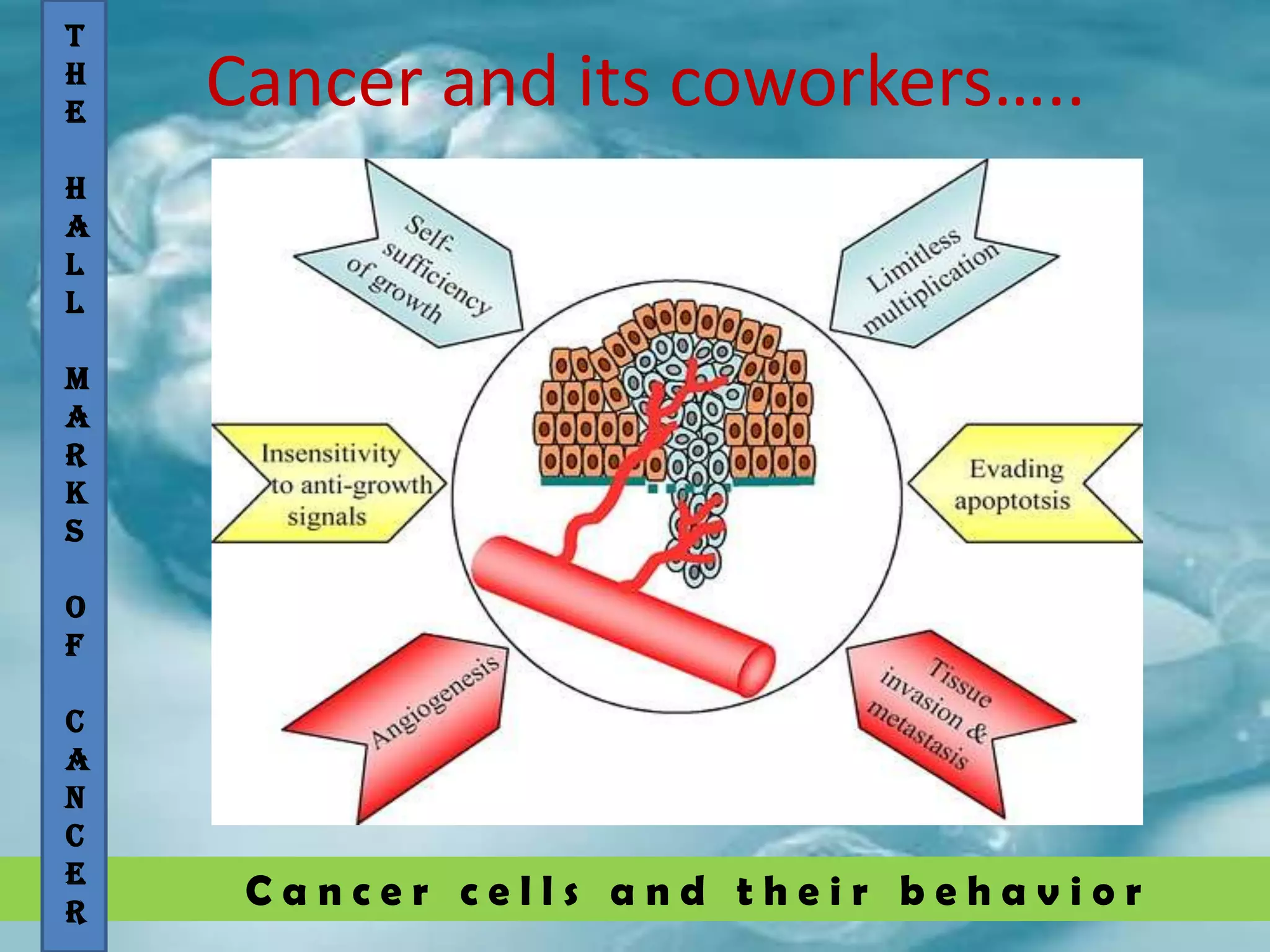C a n c e r c e l l s a n d t h e i r b e h a v i o r
Cancer and its coworkers…..
T
H
E
H
A
L
L
M
A
R
K
S
O
F
C
A
N
C
E
R
 