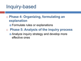 Inquiry-based
 Phase 4: Organizing, formulating an
explanation
 Formulate rules or explanations
 Phase 5: Analysis of the inquiry process
 Analyze inquiry strategy and develop more
effective ones
 