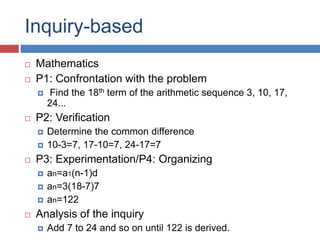 Inquiry-based
 Mathematics
 P1: Confrontation with the problem
 Find the 18th term of the arithmetic sequence 3, 10, 17,
24...
 P2: Verification
 Determine the common difference
 10-3=7, 17-10=7, 24-17=7
 P3: Experimentation/P4: Organizing
 an=a1(n-1)d
 an=3(18-7)7
 an=122
 Analysis of the inquiry
 Add 7 to 24 and so on until 122 is derived.
 