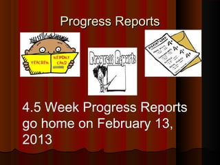 Progress Reports




4.5 Week Progress Reports
go home on February 13,
2013
 