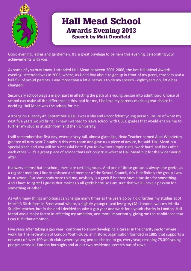 Hall Mead School Awards Evening Speech, 27th November 2013