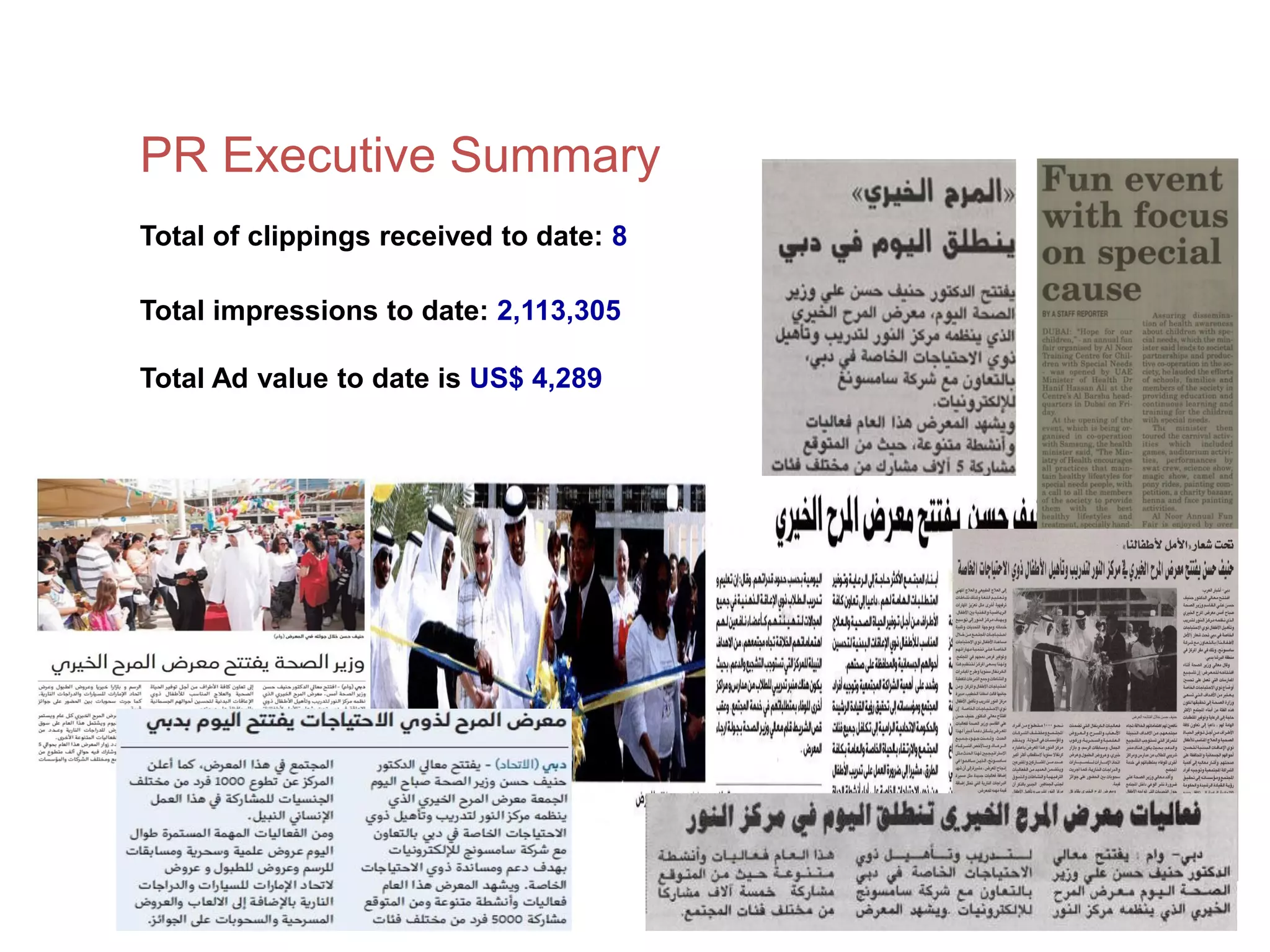 PR Executive Summary
Total of clippings received to date: 8

Total impressions to date: 2,113,305

Total Ad value to date is US$ 4,289




                                         4
 