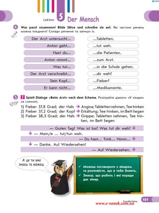Lektion 5 Der Mensch
101hunderteins
Was passt zusammen? Bilde Sätze und schreibe sie auf. Які частини речень
можна поєднати? Склади речення та запиши їх.
Der Arzt untersucht...
Anton geht...
Hast du...
Anton nimmt...
Was tut...
Der Arzt verschreibt...
Sein Kopf...
Er kann nicht...
...Tabletten.
...tut weh.
...die Patienten.
...zum Arzt.
...in die Schule gehen.
...dir weh?
...Fieber?
...Medikamente.
 Spielt Dialoge «Beim Arzt» nach dem Schema. Розіграйте діалоги «У лікаря»
за схемою.
1) Fieber 37,8 Grad; der Hals  Angina;Tablettennehmen,Teetrinken
2) Fieber 37,2 Grad; der Kopf  Erkältung; Tee trinken, im Bett liegen
3) Fieber 38,3 Grad; der Hals  Grippe; Tabletten nehmen, Tee trin-
ken, im Bett liegen
— Guten Tag! Was ist los? Was tut dir weh? 
 — Mein/e ... tut/tun weh.
— Du hast... Trink... Nimm... 
 — Danke. Auf Wiedersehen!
— Auf Wiedersehen. 
А це ти вже
знаєш та можеш.
 Можеш поговорити з лікарем
та розповісти, що в тебе болить.
 Знаєш, що робить і які поради
дає лікар.
www.e-ranok.com.ua
 
