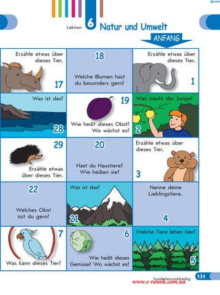 ANFANG
Lektion 6 Natur und Umwelt
131
Erzähle etwas über
dieses Tier.
17
18
Welche Blumen hast
du besonders gern?
Erzähle etwas über
dieses Tier.
1
Was ist das?
28
19
Wie heißt dieses Obst?
Wo wächst es?
Was macht der Junge?
2
29
Erzähle etwas
über dieses Tier.
20
Hast du Haustiere?
Wie heißen sie?
Erzähle etwas über
dieses Tier.
3
22
Welches Obst
isst du gern?
Was ist das?
21
Nenne deine
Lieblingstiere.
4
7
Was kann dieses Tier?
6
Wie heißt dieses
Gemüse? Wo wächst es?
Welche Tiere leben hier?
5
hunderteinunddreißig 131
www.e-ranok.com.ua
 