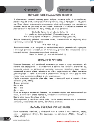 162 hundertzweiundsechzig
ГраматикаGrammatik
ПОРЯДОК СЛІВ НІМЕЦЬКОГО РЕЧЕННЯ
У німецькому реченні важливу роль відіграє порядок слів. У розповідному
реченні підмет стоїть на першому або третьому місці, а присудок — на друго-
му. Якщо підмет знаходиться на першому місці, цей порядок слів називається
прямим, якщо на третьому — зворотним. Інтонація розповідного речення ха-
рактеризується пониженням тону голосу до кінця речення:
Ich heiße Karin.  Ich lebe in Berlin. 
Ich spiele am Montag Fußball. (Прямий порядок слів.)
Am Montag spiele ich Fußball. (Зворотний порядок слів.)
Якщо в питальному реченні є питальне слово, то воно стоїть на першому місці
в реченні, за ним іде присудок:
Wie heißt du? 
Якщо ж питальне слово відсутнє, то на першому місці в реченні стоїть присудок
і інтонація речення змінюється. У питальному реченні без питального слова
інтонація голосу підвищується до кінця речення.
Heißt du Karin?  Lebst du in Berlin? 
ВЖИВАННЯ АРТИКЛІВ
Німецькі іменники, як і українські, належать до певного роду: чоловічого, жі-
ночого або середнього — і вживаються в однині або множині. Визначити рід
іменників можна за допомогою артиклів. Іменники чоловічого роду мають
означений артикль «der», жіночого — «die», середнього — «das», множини
для всіх родів — «die». Але часто в українській і німецькій мовах рід не збіга-
ється, тому іменники необхідно вчити з артиклями.
Окрім означених артиклів «der, die, das», у німецькій мові в однині є й не-
означені («ein, eine»).
Форми артиклів:
der — ein
das — ein
die — eine
Коли ми вперше називаємо іменник, ми ставимо перед ним неозначений ар-
тикль, а називаючи слово повторно, уживаємо означений артикль.
Das ist eine Maus. Die Maus ist da.
Якщо предмет у світі існує лише один, то він завжди вживається з означеним
артиклем, наприклад: die Sonne, der Mond, die Erde.
ДАВАЛЬНИЙ ВІДМІНОК ІМЕННИКІВ
Крім називного відмінка, у німецькій мові є також і інші відмінки, серед
яких — давальний (Dativ). Він відповідає на запитання «Wem?» (Кому?) та
«Wo?» (Де?).
www.e-ranok.com.ua
 