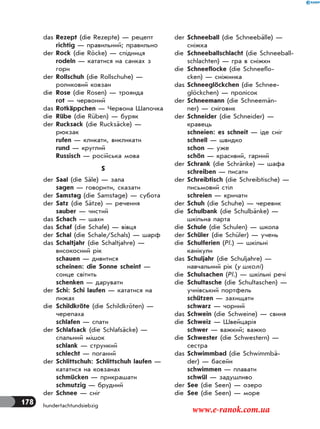 178 hundertachtundsiebzig
das Rezept (die Rezepte) — рецепт
richtig — правильний; правильно
der Rock (die Röcke) — спідниця
rodeln — кататися на санках з
гори
der Rollschuh (die Rollschuhe) —
роликовий ковзан
die Rose (die Rosen) — троянда
rot — червоний
das Rotkäppchen — Червона Шапочка
die Rübe (die Rüben) — буряк
der Rucksack (die Rucksäcke) —
рюкзак
rufen — кликати, викликати
rund — круглий
Russisch — російська мова
S
der Saal (die Säle) — зала
sagen — говорити, сказати
der Samstag (die Samstage) — субота
der Satz (die Sätze) — речення
sauber — чистий
das Schach — шахи
das Schaf (die Schafe) — вівця
der Schal (die Schale/Schals) — шарф
das Schaltjahr (die Schaltjahre) —
високосний рік
schauen — дивитися
scheinen: die Sonne scheint —
сонце світить
schenken — дарувати
der Schi: Schi laufen — кататися на
лижах
die Schildkröte (die Schildkröten) —
черепаха
schlafen — спати
der Schlafsack (die Schlafsäcke) —
спальний мішок
schlank — стрункий
schlecht — поганий
der Schlittschuh: Schlittschuh laufen —
кататися на ковзанах
schmücken — прикрашати
schmutzig — брудний
der Schnee — сніг
der Schneeball (die Schneebälle) —
сніжка
die Schneeballschlacht (die Schneeball-
schlachten) — гра в сніжки
die Schneeflocke (die Schneeflo-
cken) — сніжинка
das Schneeglöckchen (die Schnee-
glöckchen) — пролісок
der Schneemann (die Schneemän-
ner) — сніговик
der Schneider (die Schneider) —
кравець
schneien: es schneit — іде сніг
schnell — швидко
schon — уже
schön — красивий, гарний
der Schrank (die Schränke) — шафа
schreiben — писати
der Schreibtisch (die Schreibtische) —
письмовий стіл
schreien — кричати
der Schuh (die Schuhe) — черевик
die Schulbank (die Schulbänke) —
шкільна парта
die Schule (die Schulen) — школа
der Schüler (die Schüler) — учень
die Schulferien (Pl.) — шкільні
канікули
das Schuljahr (die Schuljahre) —
навчальний рік (у школі)
die Schulsachen (Pl.) — шкільні речі
die Schultasche (die Schultaschen) —
учнівський портфель
schützen — захищати
schwarz — чорний
das Schwein (die Schweine) — свиня
die Schweiz — Швейцарія
schwer — важкий; важко
die Schwester (die Schwestern) —
сестра
das Schwimmbad (die Schwimmbä-
der) — басейн
schwimmen — плавати
schwül — задушливо
der See (die Seen) — озеро
die See (die Seen) — море
www.e-ranok.com.ua
 