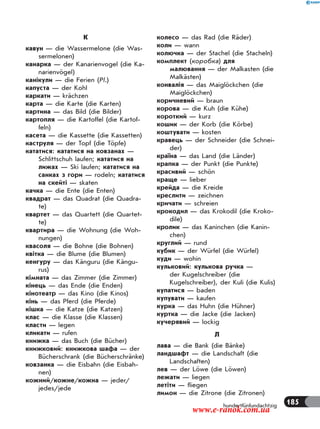185hundertfünfundachtzig
К
кавун — die Wassermelone (die Was-
sermelonen)
канарка — der Kanarienvogel (die Ka-
narienvögel)
канікули — die Ferien (Pl.)
капуста — der Kohl
каркати — krächzen
карта — die Karte (die Karten)
картина — das Bild (die Bilder)
картопля — die Kartoffel (die Kartof-
feln)
касета — die Kassette (die Kassetten)
каструля — der Topf (die Töpfe)
кататися: кататися на ковзанах —
Schlittschuh laufen; кататися на
лижах — Ski laufen; кататися на
санках з гори — rodeln; кататися
на скейті — skaten
качка — die Ente (die Enten)
квадрат — das Quadrat (die Quadra-
te)
квартет — das Quartett (die Quartet-
te)
квартира — die Wohnung (die Woh-
nungen)
квасоля — die Bohne (die Bohnen)
квітка — die Blume (die Blumen)
кенгуру — das Känguru (die Kängu-
rus)
кімната — das Zimmer (die Zimmer)
кінець — das Ende (die Enden)
кінотеатр — das Kino (die Kinos)
кінь — das Pferd (die Pferde)
кішка — die Katze (die Katzen)
клас — die Klasse (die Klassen)
класти — legen
кликати — rufen
книжка — das Buch (die Bücher)
книжковий: книжкова шафа — der
Bücherschrank (die Bücherschränke)
ковзанка — die Eisbahn (die Eisbah-
nen)
кожний/кожне/кожна — jeder/
jedes/jede
колесо — das Rad (die Räder)
коли — wann
колючка — der Stachel (die Stacheln)
комплект (коробка) для
малювання — der Malkasten (die
Malkästen)
конвалія — das Maiglöckchen (die
Maiglöckchen)
коричневий — braun
корова — die Kuh (die Kühe)
короткий — kurz
кошик — der Korb (die Körbe)
коштувати — kosten
кравець — der Schneider (die Schnei-
der)
країна — das Land (die Länder)
крапка — der Punkt (die Punkte)
красивий — schön
краще — lieber
крейда — die Kreide
креслити — zeichnen
кричати — schreien
крокодил — das Krokodil (die Kroko-
dile)
кролик — das Kaninchen (die Kanin-
chen)
круглий — rund
кубик — der Würfel (die Würfel)
куди — wohin
кульковий: кулькова ручка —
der Kugelschreiber (die
Kugelschreiber), der Kuli (die Kulis)
купатися — baden
купувати — kaufen
курка — das Huhn (die Hühner)
куртка — die Jacke (die Jacken)
кучерявий — lockig
Л
лава — die Bank (die Bänke)
ландшафт — die Landschaft (die
Landschaften)
лев — der Löwe (die Löwen)
лежати — liegen
летіти — fliegen
лимон — die Zitrone (die Zitronen)
www.e-ranok.com.ua
 