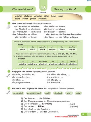 Stunde
39
16 Хто що робить?Wer macht was?
Höre zu und sprich nach. Прослухай і повтори.
der Arbeiter — arbeiten der Maler — malen
der Student — studieren der Lehrer — lehren
der Verkäufer — verkaufen der Bäcker — backen
der Schneider — nähen der Arzt — die Kranken behandeln
der Schüler — lernen der Bauer — die Felder pflügen
Konjugiere die Verben. Продієвідмінюй дієслова.
ich male, du malst, er... ich nähe, du nähst, ...
ich verkaufe, du... ich studiere, ...
ich lehre, ... ich pflüge, ...
ich programmiere, ... ich antworte, ...
Wer macht was? Ergänze die Sätze. Хто що робить? Доповни речення.
behandelt programmiert malt studiert lehrt näht
1) Der Lehrer ... die Schüler.
2) Der Programmierer ... Computerprogramme.
3) Der Schneider ... Kleidung. (одяг)
4) Der Maler ... Bilder. (картини)
5) Der Arzt ... die Kranken.
6) Der Student ... an der Universität.
Більшість німецьких дієслів дієвідмінюються у теперішньому часі таким чином:
lernen
ich du er/sie/es wir ihr sie/Sie
lern-e lern-st lern-t lern-en lern-t lern-en
Якщо ж основа дієслова закінчується на «d, t, chn, gn, dm, tm, ffn»,
то в деяких формах між основою та закінченням додається «-e-»:
arbeiten
ich du er/sie/es wir ihr sie/Sie
arbeit-e arbeit-e-st arbeit-e-t arbeit-en arbeit-e-t arbeit-en
arbeiten studieren verkaufen nähen lernen malen
lehren backen pflügen behandeln
neununddreißig
www.e-ranok.com.ua
 