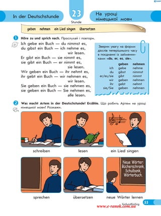 Stunde
55
На уроці
німецької мовиIn der Deutschstunde 23
fünfundfünfzig
geben nehmen ein Lied singen übersetzen
 Höre zu und sprich nach. Прослухай і повтори.
Ich gebe ein Buch — du nimmst es,
du gibst ein Buch — ich nehme es,
wir lesen.
Er gibt ein Buch — sie nimmt es,
sie gibt ein Buch — er nimmt es,
sie lesen.
Wir geben ein Buch — ihr nehmt es,
ihr gebt ein Buch — wir nehmen es,
wir lesen.
Sie geben ein Buch — sie nehmen es,
sie geben ein Buch — Sie nehmen es,
alle lesen.
Was macht Artem in der Deutschstunde? Erzähle. Що робить Артем на уроці
німецької мови? Розкажи.
Зверни увагу на форми
дієслів теперішнього часу
в поєднанні із займенни-
ками «du, er, es, sie».
geben nehmen
ich gebe nehme
du gibst nimmst
er/es/sie gibt nimmt
wir geben nehmen
ihr gebt nehmt
sie/Sie geben nehmen
Neue Wörter:
Bϋcherschrank,
Schulbank,
Wörterbuch.
schreiben lesen ein Lied singen
sprechen übersetzen neue Wörter lernen
www.e-ranok.com.ua
 