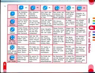 0wissen
0glauben
^^^^
meinen
0der Mei-
nung sein
nicht einver-
standen sein
gut finden
P ich
Das beliebtes-
te Fest der
Deutschen ist
Weihachten.
Unsere Mutter
darf am Mut-
tertag nicht
arbeiten.
Unsere Klasse
hat die besten
Kostume fur
den Karneval.
Die Deutschen
haben viele
schone Traditi-
onen.
Man kann
Weihnachten
ohne Tannen-
baum feiern.
Meine Freunde
kommen zur
Geburtstags-
feier.
0dU
Der Advents-
kalender
entstand in
Deutschland.
Der Silvester
ist bei uns das
lustigste Fest.
Deine Familie
hat sich gut
auf das Fest
vorbereitet.
Statt der CD
konnen wir un-
serem Freund
ein neues Buch
schenken.
Wir laden nur
einige Mitschu-
ler zur Party
ein.
Die ganze Fa-
milie sitzt am
Weihnachts-
tisch.
er
Man feiert den
Muttertag am
zweiten Sonntag
im Mai.
Trotz der Ferien
kommen viele
Freunde zu sei-
nem Geburtstag.
Unser Neujahrs-
fest im letzten
Jahr war super.
Man feiert
den Fasching
meistens Ende
Februar oder
Anfang Marz.
Wir kaufen in
diesem Jahr
keinen Weih-
nachtsbaum.
Die Kinder be-
kommen vor
Weihnachten
Adventskalender.
9 wir
Den ersten Ad-
ventskranz hat
ein Hamburger
Pfarrer gemacht.
Wir konnen
Ostern unsere
Oma besuchen.
Dieses Kostum
hat unser neuer
Mitschiiler ge-
macht.
Nicht alle deut-
schen Familien
gehen am Hei-
ligabend in die
Kirche.
Wir schmucken
den Advents-
kranz mit zwei
Kerzen.
Die Deutschen
und die Ukrainer
haben ahnliche
Traditionen.
®ihr
Einige Deut-
sche fahren
in andere
Lander.
Ihr ladet
eure Mitschu-
ler zur Party
ein.
Wegen des
Regens blei-
ben wir zu
Hause.
Das Beste
am Heiliga-
bend ist die
Bescherung.
Die Ge-
schenke sind
am Heiliga-
bend nicht
so wichtig.
In vielen Fa-
milien bemalt
man Osterei-
er selbst.
fl-
Pfingsten ist
50 Tage nach
Ostern.
Sie schreibt
eine Weih-
nachtskarte an
den Onkel.
Das Weih-
nachtsgeback
schmeckt sehr
gut.
Der Nikolaus
bringt nicht
alien Kindern
gute Ge-
schenke.
Der Kauf von
Geschenken
kann stressig
sein.
Wahrend der
Feiertage
herrscht gute
Stimmung.
•H^HIH
 