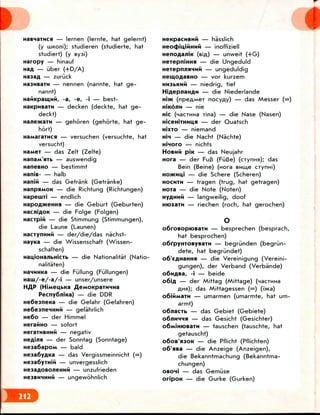 — lernen (lernte, hat gelernt)
(y liiKoni); studieren (studierte, hat
studiert) (y Bysi)
Haropy — hinauf
H3A — iiber (+D/A)
— zuruck
— nennen (nannte, hat ge-
nannt)
, -a, -e, -i — best-
— decken (deckte, hat ge-
deckt)
— gehoren (gehorte, hat ge-
hort)
HaMararMCsi — versuchen (versuchte, hat
versucht)
HaMCT — das Zelt (Zelte)
HanaM'siTb — auswendig
HaneBHO — bestimmt
Hanie- — halb
HaniH — das Getrank (Getranke)
HanpsMOK — die Richtung (Richtungen)
Hapeuni — endlich
HapoflweHHH — die Geburt (Geburten)
HacniflOK — die Folge (Folgen)
HacrpiM — die Stimmung (Stimmungen),
die Laune (Launen)
HacTynxHH — der/die/das nachst-
HayKa — die Wissenschaft (Wissen-
schaften)
HanJOHanbHictb — die Nationalitat (Natio-
nalitaten)
HaiHHKa — die Fiillung (Fullungen)
Ham/-e/-a/-i — unser/unsere
Pecny6niKa) — die DDR
He6e3ne«a — die Gefahr (Gefahren)
He6e3neiHMM — gefahrlich
He6o — der Himmel
HeranHO — sofort
HeraTHBHMH — negativ
Heflina — der Sonntag (Sonntage)
H63a6apOM — bald
H63a6yAKa — das Vergissmeinnicht (=)
He3a6yiHifi — unvergesslich
HesaflOBoneHMM — unzufrieden
H63BMHHMM — ungewohnlich
HeKpacHBMH — hasslich
— inoffiziell
(eifl) — unweit (+G)
HerepniHHa — die Ungeduld
HerepnnsmMM — ungeduldig
HemoflaBHO — vor kurzem
HK3bKMM — niedrig, tief
HiflepnaHflu — die Niederlande
HJ>K (npeflMer nocyAy) — das Messer (=)
HIKOJIM — nie
Hie (nacTMHa rina) — die Nase (Nasen)
HicemTHHUfl — der Quatsch
HJXTO — niemand
H!H — die Nacht (Nachte)
Hinoro — nichts
HOBHM piK — das Neujahr
Hora — der Fu3 (FiiBe) (ciynHsi); das
Bein (Seine) (nora BMIMB crynHi)
HO>KMM,i — die Schere (Scheren)
HOCMTM — tragen (trug, hat getragen)
HOia — die Note (Noten)
HyAHMM — langweilig, doof
HioxaTM — riechen (roch, hat gerochen)
o6roBOpiOBaTH — besprechen (besprach,
hat besproc'hen)
o6i'pyHTOByBaTM — begriinden (begrun-
dete, hat begriindet)
o6'eflHaHHfl — die Vereinigung (Vereini-
gungen), der Verband (Verbande)
o6nflBa, -i — beide
o6ifl — der Mittag (Mittage) (nacTMHa
AHSI); das Mittagessen (=) (Vwa)
o6inMaiM — umarmen (umarmte, hat um-
armt)
o6nacTb — das Gebiet (Gebiete)
o6jiMHHfl — das Gesicht (Gesichter)
o6MiHK>eaTH — tauschen (tauschte, hat
getauscht)
o6oB'fl30K — die Pflicht (Pflichten)
o6'flsa — die Anzeige (Anzeigen),
die Bekanntmachung (Bekanntma-
chungen)
OBOHJ — das Gemiise
oripOK — die Gurke (Gurken)
 