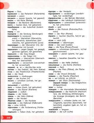 — Paris
napnaMCHT — das Parlament (Parlamente)
nacMBHMM — passiv
nacysaTH — passen (passte, hat gepasst)
nauiOK — die Ratte (Ratten)
nenapHn — die Backerei (Backereien)
neKTM — backen (buk, hat gebacken)
nepe6yBaHHH — der Aufenthalt (Aufent-
halte)
nepefl — vor
nepeAana — die Sendung (Sendungen)
nepeKnaAaiM (3 inoaeMHoT
MOBH) — ubersetzen (ubersetzte,
hat ubersetzt); dolmetschen (dol-
metschte, hat gedolmetscht) (ycno)
nepennaflan — der Ubersetzer (=); der
Dolmetscher (=) (ycHufi)
fiepeMaratM — siegen (siegte, hat gesiegt),
gewinnen (gewann, hat gewonnen)
nepeMora — der Sieg (Siege)
nepeMomeijb — der Sieger (=)
nepeHOHysaTH — ubernachten (ubernach-
tete, hat ubernachtet)
nepennyraiM — verwechseln (verwechsel-
te, hat verwechselt)
nepuiMM, -a, -e — der/die/das erste
neiHBO — das Geback, der Keks (Kekse)
n'eca — das Theaterstuck (Theaterstucke)
nun — der Staub
nmiococHTM — staubsaugen
rwpir — der Kuchen (=)
nHcaTH — schreiben (schrieb, hat ge-
schrieben)
nucbMOBMM — schriftlich
RUTH — trinken (trank, hat getrunken)
niamHO — das KJavier (Klaviere)
H — sudlich
— der Suden
niseHb — der Hahn (Hahne)
— der Norden
Mope — die Nordsee
niBOCtpiB — die Halbinsel (Halbinseln)
nifl — unter (+D/A)
niflroTOBKa — die Vorbereitung (Vorbe-
reitungen)
— heben (hob, hat gehoben)
niflospa — der Verdacht
niAOSpiOBarM — verdachtigen (verdach-
tigte, hat verdachtigt)
niflnpneMCTBO — der Betrieb (Betriebe)
niflpyHHMK — das Lehrbuch (Lehrbiicher)
— unterstiitzen (unterstutz-
te, hat unterstiitzt)
— spat
— das Picknick (Picknicke/Pick-
nicks)
nijiOT — der Pilot (Piloten)
nipHBTM — tauchen (tauchte, hat/ist ge-
taucht)
— nach (+D)
— iJbermorgen
— das Lied (Lieder)
— die Pizza (Pizzen/Pizzas)
nnaBaiM — schwimmen (schwamm, ist/hat
geschwommen)
nuaHyBaTM — planen (plante, hat gep-
lant)
nnaTMTM — bezahlen (bezahlte, hat be-
zahlt)
nneMJHHMK — der Neffe (Neffen)
nneMiHHHLifl — die Nichte (Nichten)
nnocKMM — flach
nnoiua — der Platz (Pla'tze), die Flache
(Flachen)
— der Strand (Strande)
— die Flasche (Flaschen)
no — auf (+D/A), an (+D/A)
noaepx — der Stock (Stockwerke);
nepuiHM noaepx — das Erdgeschoss
(Erdgeschosse)
noB3 — vorbei
noBHflno — die Marmelade (Marmeladen)
— die Nachricht (Nachrich-
ten), die Mitteilung (Mitteilungen),
die Anzeige (Anzeigen), der Bericht
(Berichte)
— mitteilen (teilte mit, hat
mitgeteilt), berichten (berichtete, hat
berichtet), angeben (gab an, hat an-
gegeben)
— langsam
— die Luft (Liifte)
 