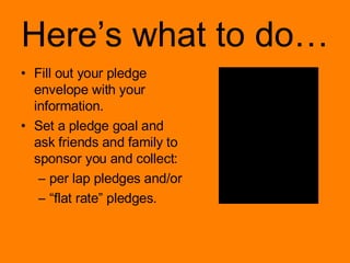 Here’s what to do… Fill out your pledge envelope with your information. Set a pledge goal and ask friends and family to sponsor you and collect: per lap pledges and/or “ flat rate” pledges. 