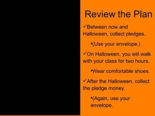 Walkathon Review the Plan Between now and Halloween, collect pledges. (Use your envelope.) On Halloween, you will walk with your class for two hours. Wear comfortable shoes. After the Halloween, collect the pledge money. (Again, use your envelope. 